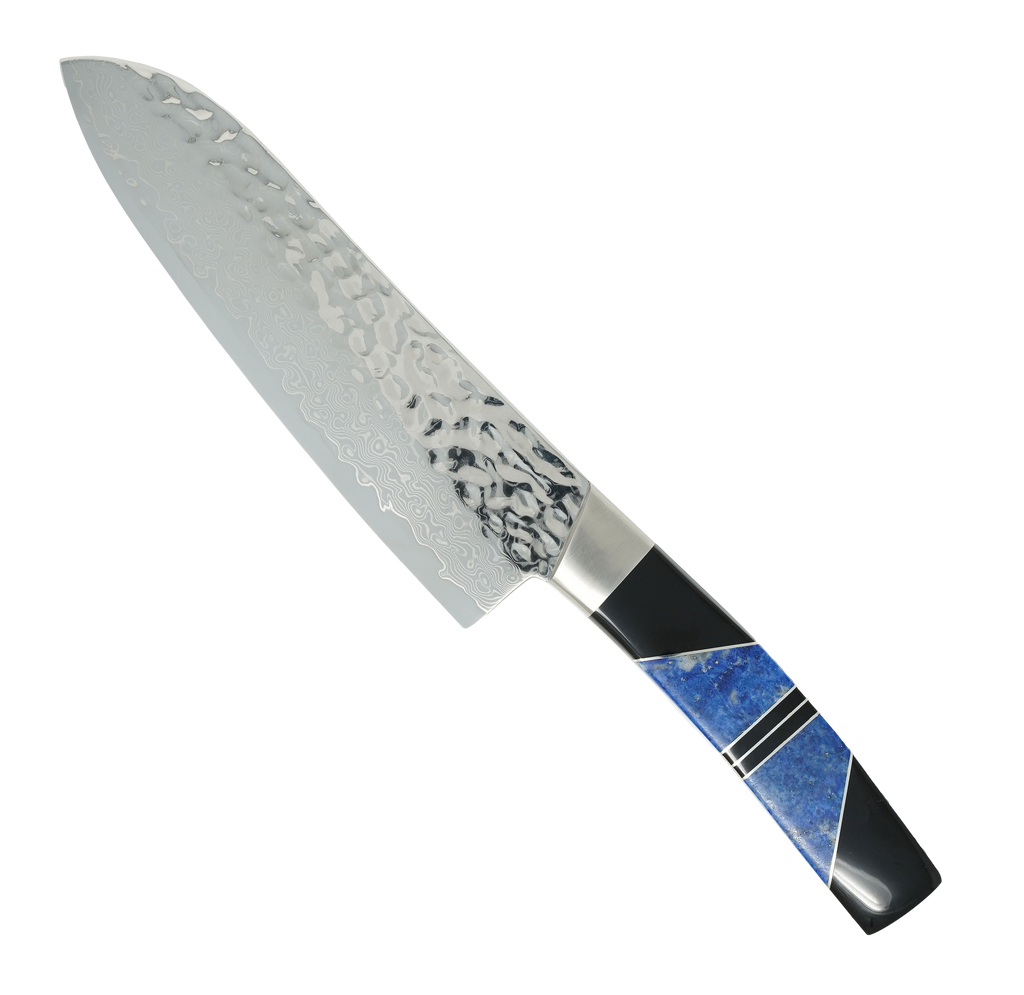 Hammered Damascus Jewelry Collection Lapis with Jet 7" Santoku