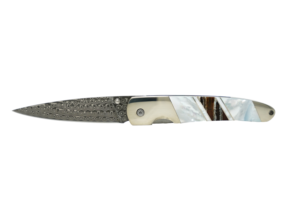 Mother of Pearl - Woolly Mammoth Tooth - Titanium Body 4" Linerlock - Damascus Blade