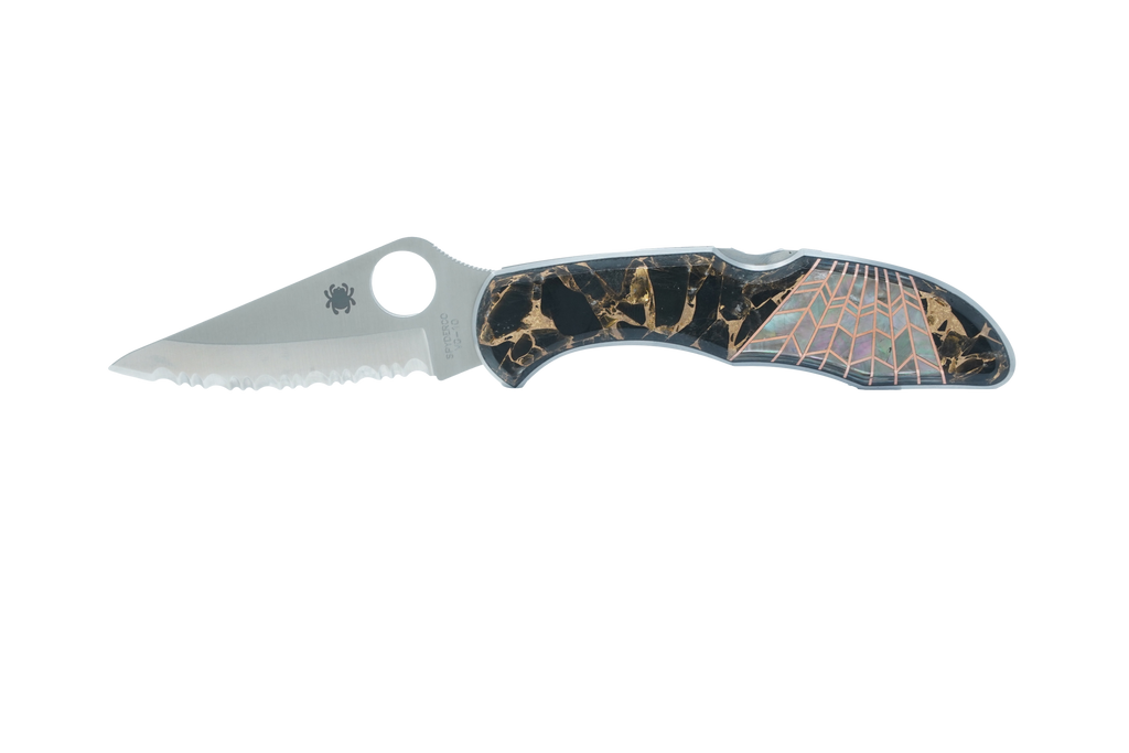 Spyderco Delica- Obsidian with Bronze, Black lip Mother of Pearl and Copper webbing