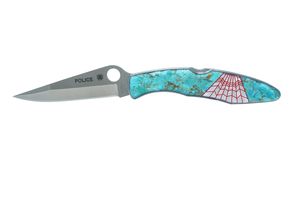 Spyderco Police-Plain Blade with Kingman Turquoise Mother of Pearl and red G-10 webbing