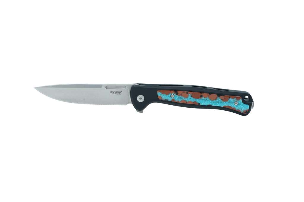 Santa Fe Stoneworks × LionSteel Skinny – Black Anodized with Vein Turquoise