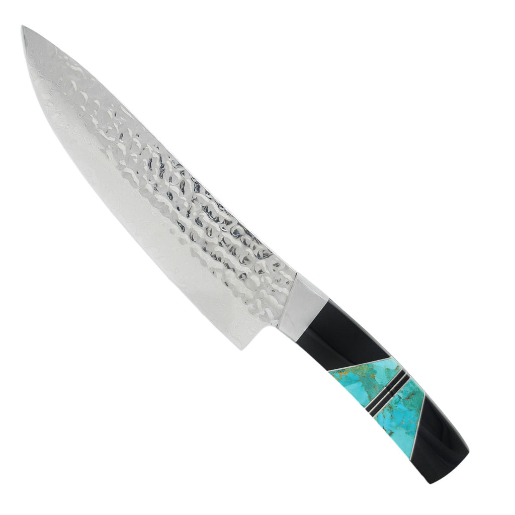 Hammered Damascus Jewelry Collection - Turquoise with Jet - 8in Chefs Kitchen Knife