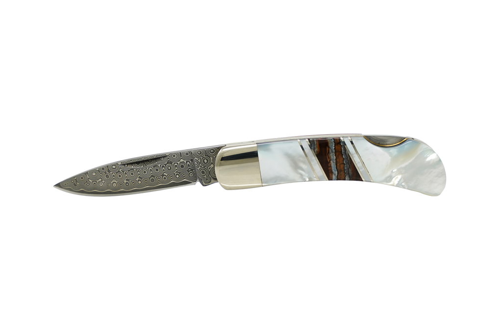 DMOP60M-Mother of Pearl - Woolly Mammoth Tooth - Damascus 3" Lockback