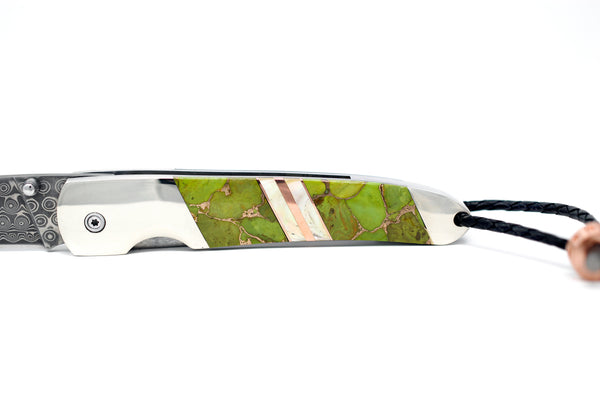 4" Liner Lock - Rain Drop Damascus - Mohave Green Turquoise Bronze w/ Copper and Gold Lip and Mother of Pearl Stripes