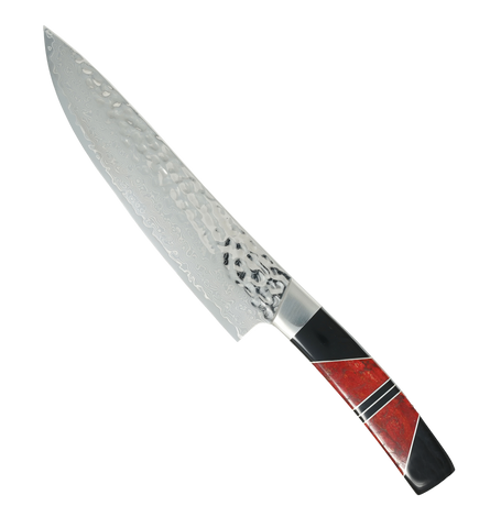 Hammered Damascus - Woolly Mammoth Fossilized Tooth with Jet - 8in Chefs Kitchen Knife