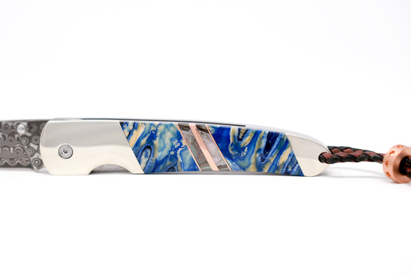4" Liner Lock - Rain Drop Damascus - Fossilized Mammoth Molar "Blue" w/Copper and Black Lip Mother of Pearl Strips