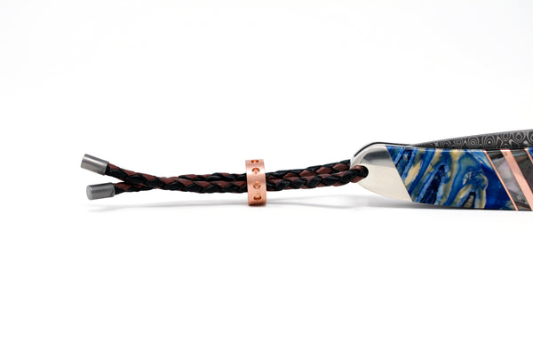 4" Liner Lock - Rain Drop Damascus - Fossilized Mammoth Molar "Blue" w/Copper and Black Lip Mother of Pearl Strips