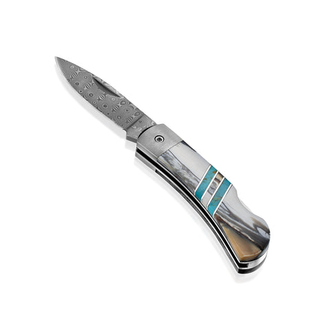 Titanium 3" Damascus Lock Back White Mammoth Tusk with Turquoise