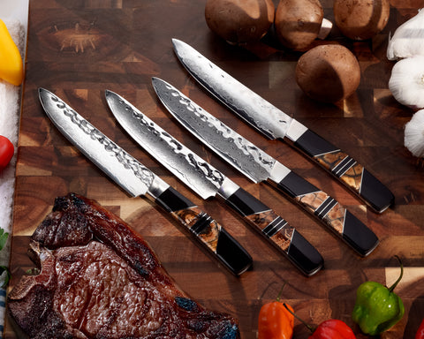 Hammered Damascus Fossilized Mammoth Tusk Steak Knives (set of four)