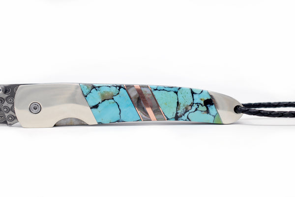 4" Liner Lock - Rain Drop Damascus - Kingman Blue/Green with Black Matrix w/Copper and Black Lip and Mother of Pearl Strips