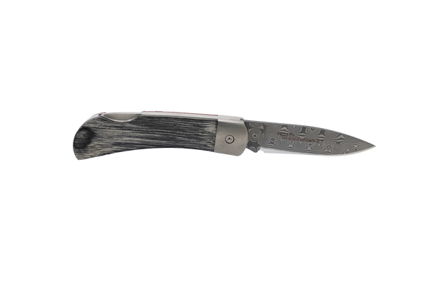 3" Lockback - Rain Drop Damascus - Fossilized Mammoth Molar "Blue" w/ Copper and Black Lip Mother of Pearl Strips