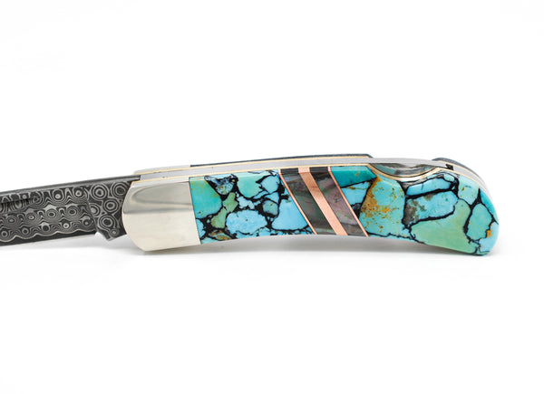 3" Lockback - Rain Drop Damascus - Kingman Blue/Green with Black Matrix/Copper and Black Lip Mother of Pearl Strips