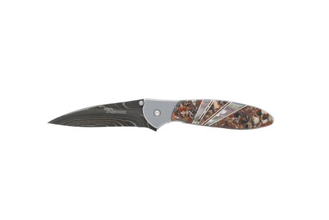 Damascus Blade Kershaw Leek- Compressed Dinosaur Bone and Black Lip Mother of Pearl