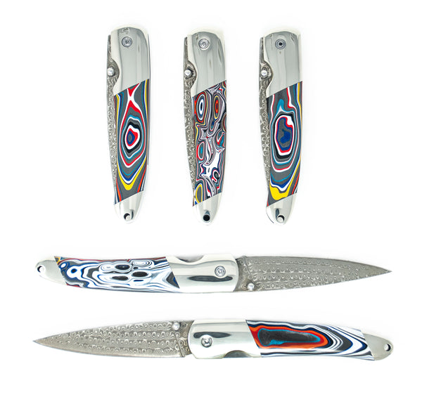 4" Damascus Liner Lock with Titanium Bolsters – Fordite