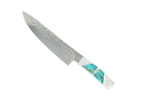 Jewelry Mother of Pearl Collection - Hammered Damascus 8" Chefs Kitchen Knife w/Turquoise