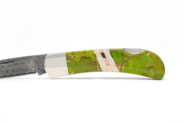 3" Lockback - Rain Drop Damascus - Mohave Green Turquoise Bronze w/ Copper and Gold Lip Mother of Pearl Strips
