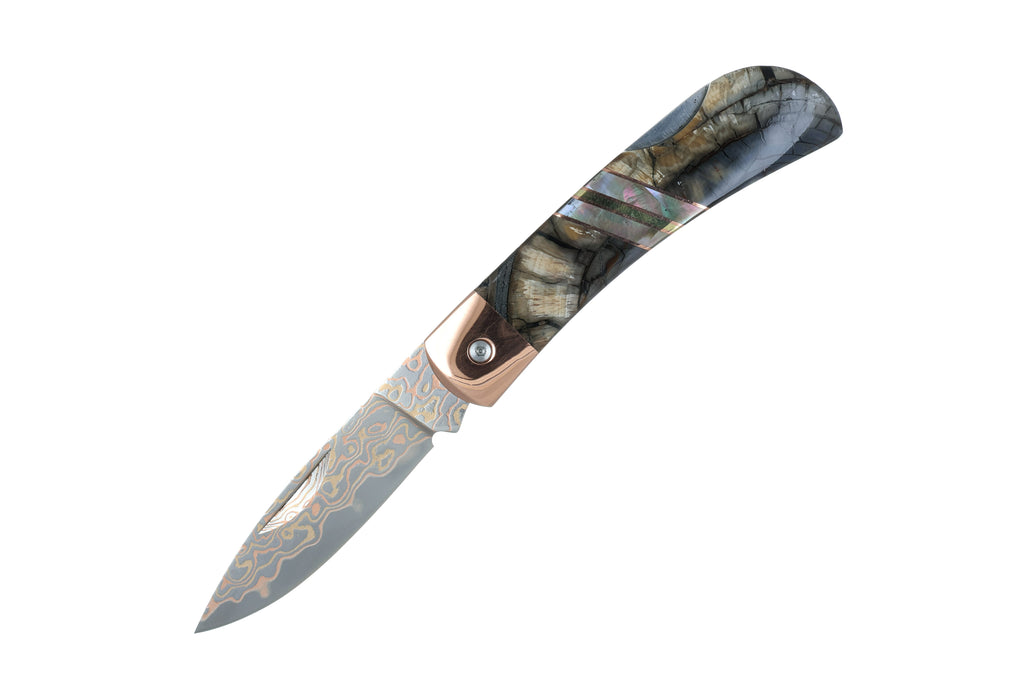 3" Lockback  Copper &amp; Brass Core Damascus (VG-10) | Clouded White Mammoth Tusk