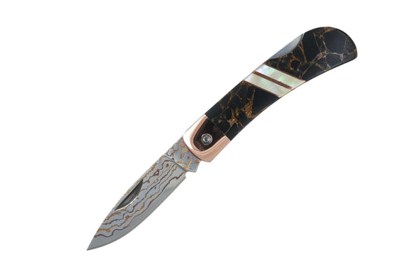 3" Lockback  Copper &amp; Brass Core Damascus (VG-10) | Obsidian Bronze
