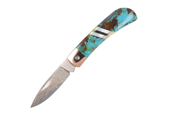 3" Lockback  Copper &amp; Brass Core Damascus (VG-10) | Kingman Turquoise
