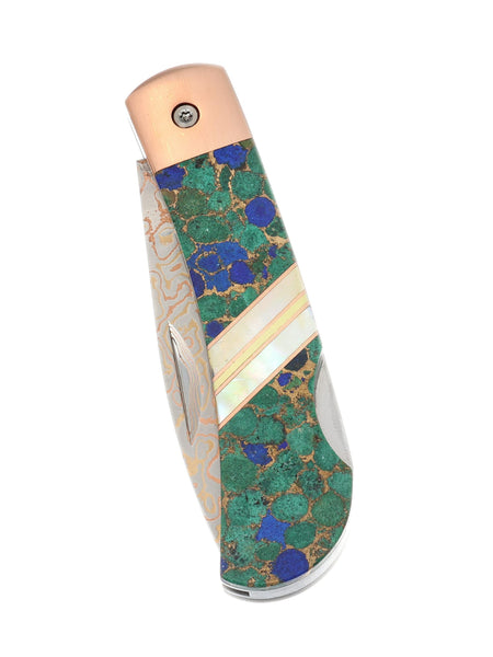 3" Lockback Copper & Brass Core Damascus (VG-10) – Azurite, Lapis Lazuli & Bronze