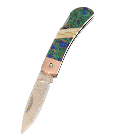 3" Lockback Copper & Brass Core Damascus (VG-10) – Azurite, Lapis Lazuli & Bronze