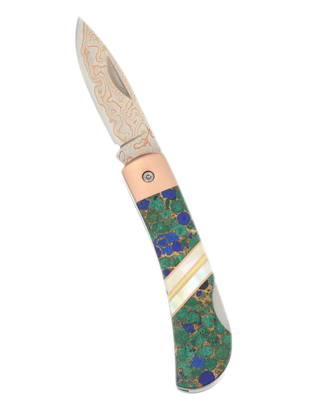 3" Lockback Copper & Brass Core Damascus (VG-10) – Azurite, Lapis Lazuli & Bronze