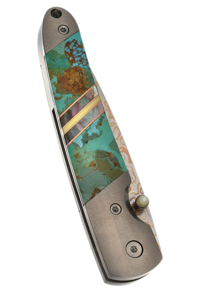 4" Liner Lock  Copper & Brass Core Damascus (VG-10) | Copper & Brass Collection – Kingman Blue-Green Turquoise
