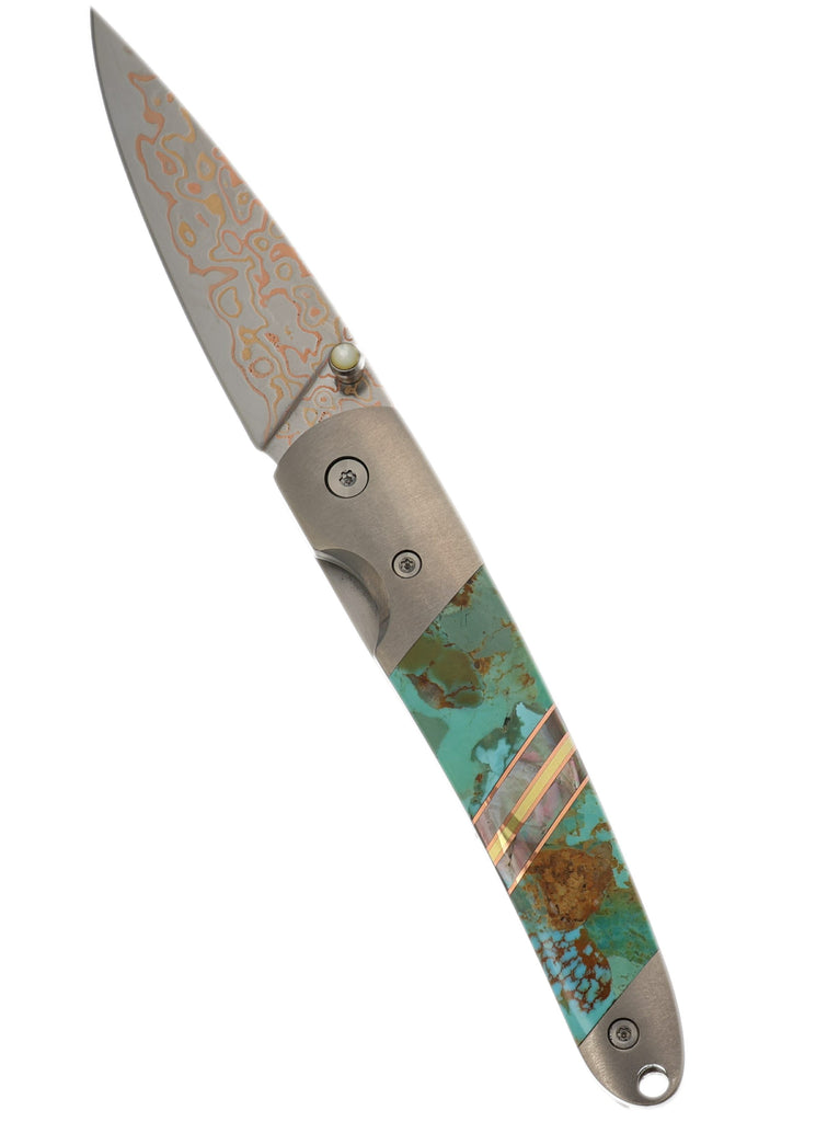 4" Liner Lock  Copper & Brass Core Damascus (VG-10) | Copper & Brass Collection – Kingman Blue-Green Turquoise