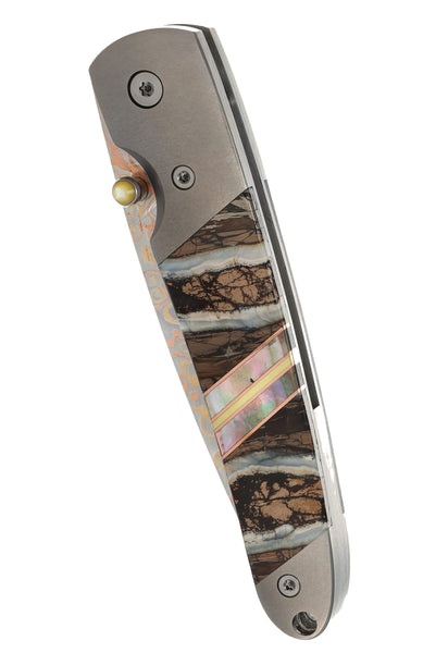 4" Liner Lock  Copper & Brass Core Damascus (VG-10) | Natural Fossilized Mammoth Tooth