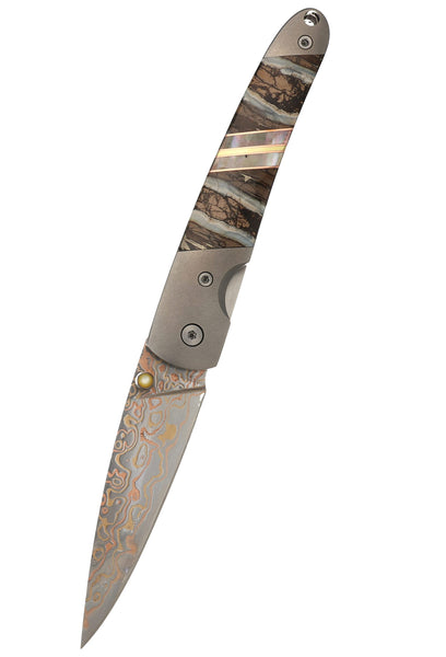 4" Liner Lock  Copper & Brass Core Damascus (VG-10) | Natural Fossilized Mammoth Tooth