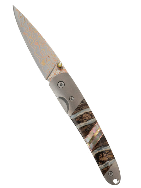 4" Liner Lock  Copper & Brass Core Damascus (VG-10) | Natural Fossilized Mammoth Tooth