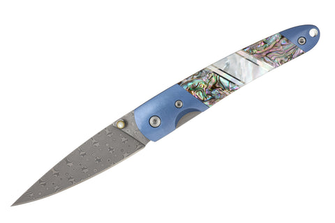 Titanium 4" Liner Lock with Stainless Damascus (110 Layers)  Abalone Select | Blue Anodized Bolster