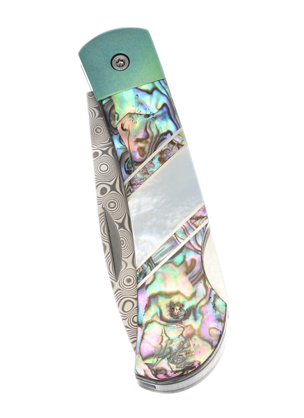 3" Lockback Damascus with Titanium Bolsters – Abalone