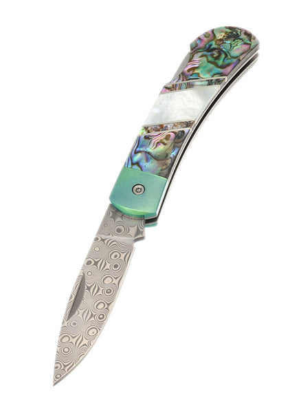 3" Lockback Damascus with Titanium Bolsters – Abalone