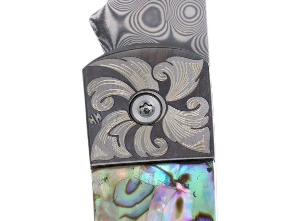 3" Lockback Damascus with Laser-Engraved Titanium Bolsters – Abalone