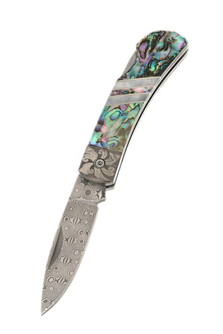 3" Lockback Damascus with Laser-Engraved Titanium Bolsters – Abalone