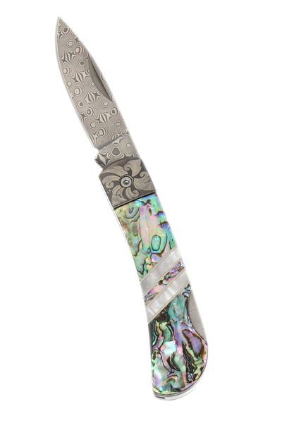 3" Lockback Damascus with Laser-Engraved Titanium Bolsters – Abalone