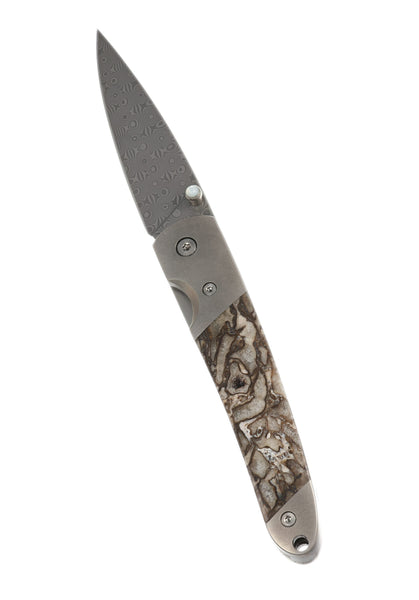4" Damascus Linerlock – Dinosaur Bone