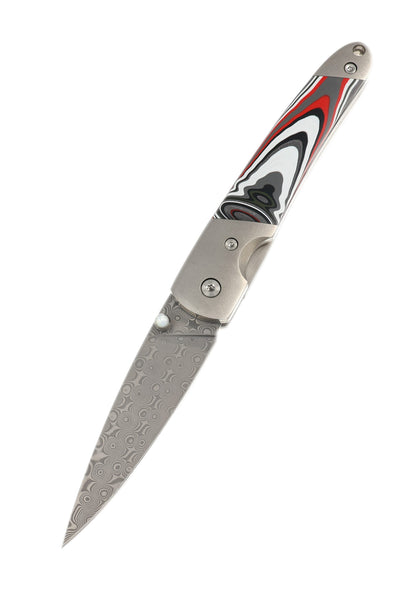 4" Damascus Liner Lock with Titanium Bolsters – Fordite