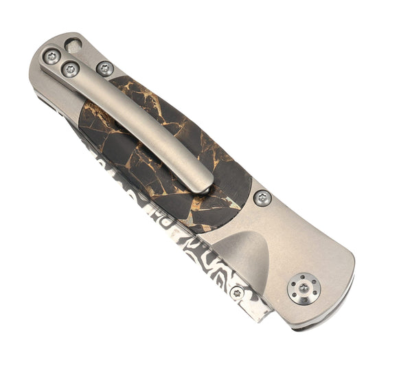 Tesoro Button Lock – Damasteel® Bi-Frost & Black Buffalo with Bronze