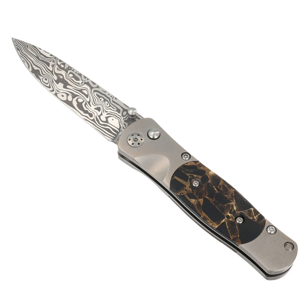 Tesoro Button Lock – Damasteel® Bi-Frost & Black Buffalo with Bronze