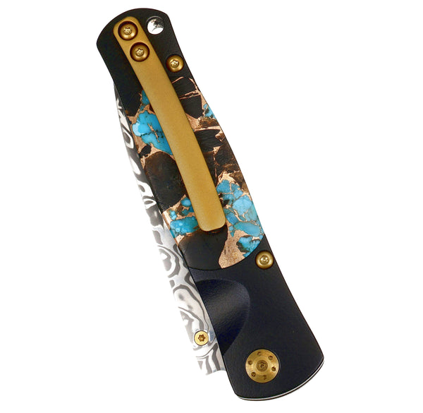 Tesoro Button Lock – Damasteel® Bi-Frost & Kingman Blue Turquoise with Obsidian and Bronze