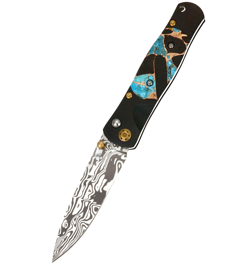 Tesoro Button Lock – Damasteel® Bi-Frost & Kingman Blue Turquoise with Obsidian and Bronze
