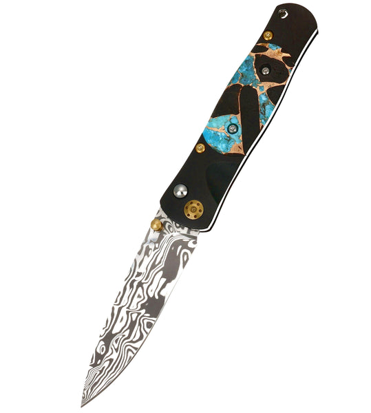 Tesoro Button Lock – Damasteel® Bi-Frost & Kingman Blue Turquoise with Obsidian and Bronze