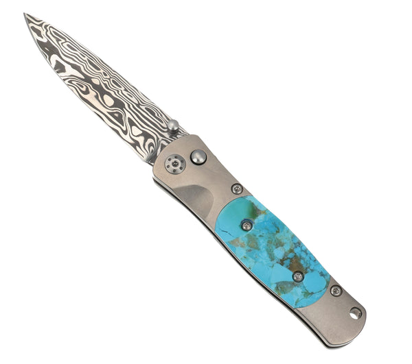 Tesoro Button Lock – Damasteel® Bi-Frost & Kingman Blue Turquoise