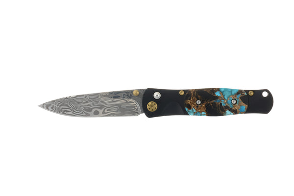 Tesoro Button Lock – Damasteel® Bi-Frost & Kingman Blue Turquoise with Obsidian and Bronze