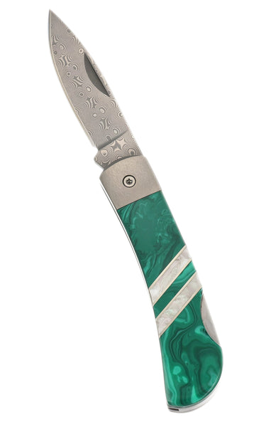 3" Lockback Damascus with Titanium Bolsters – TruStone Malachite