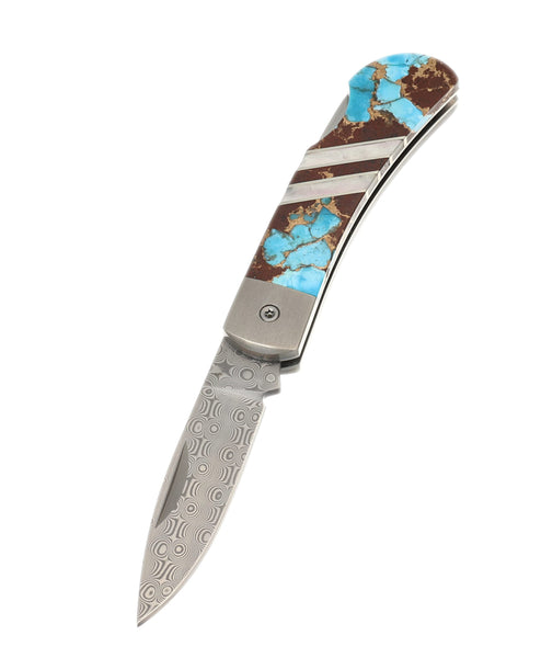 3" Lockback Damascus with Titanium Bolsters – Lava Rock & Turquoise