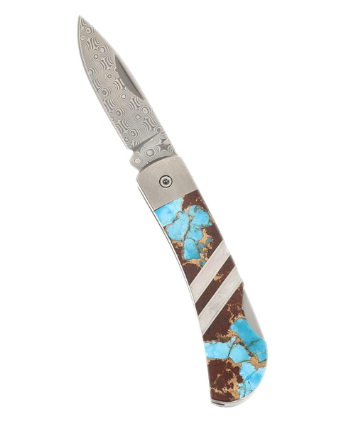 3" Lockback Damascus with Titanium Bolsters – Lava Rock & Turquoise