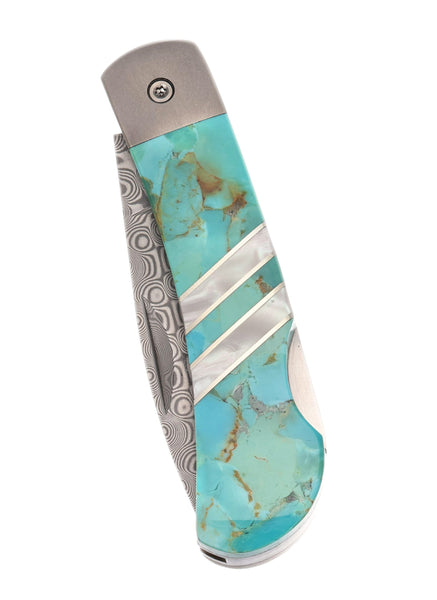 3" Lockback Damascus with Titanium Bolsters – Kingman Green-Blue Turquoise